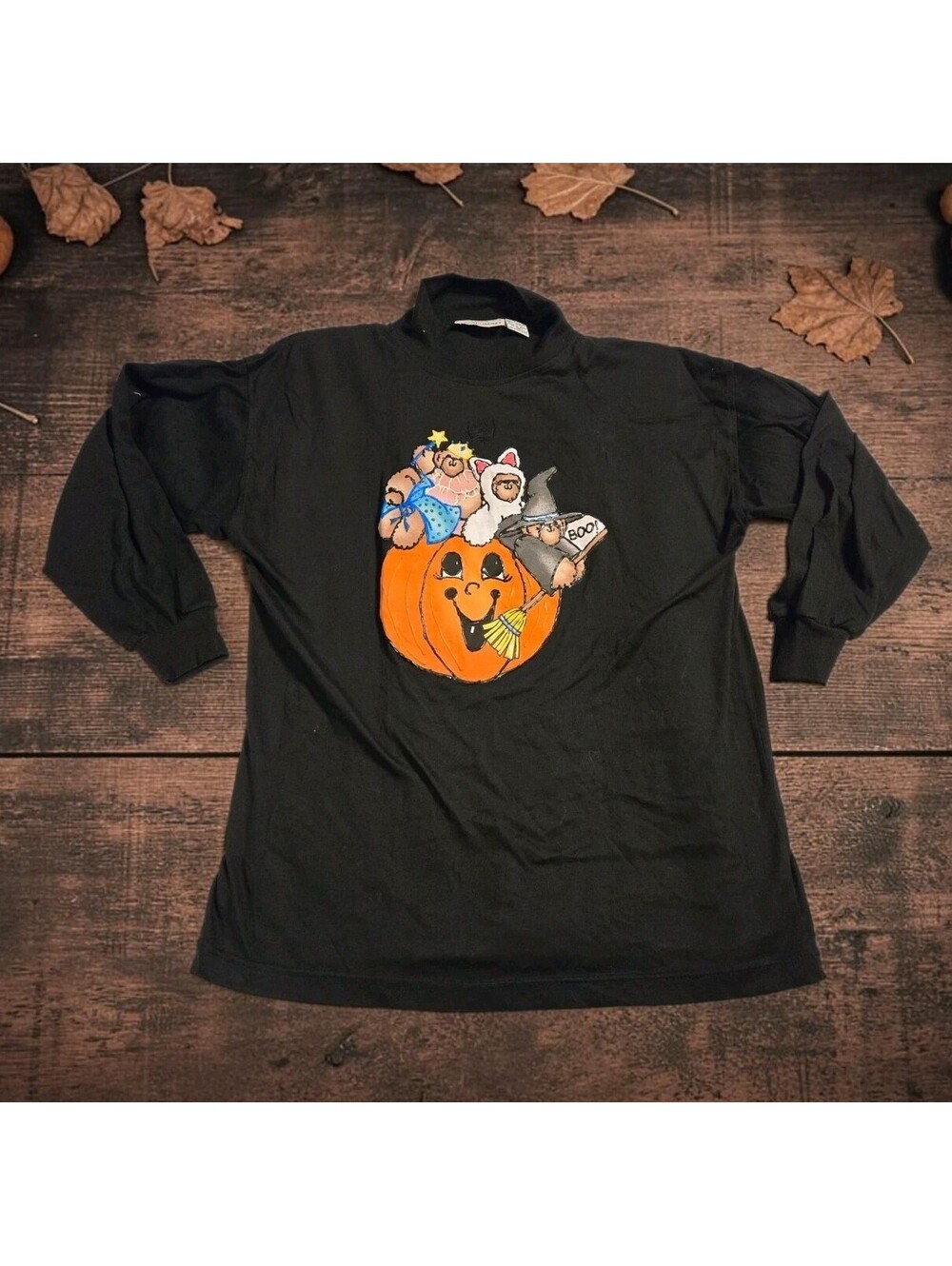 Vintage Headliners Halloween Pumpkin Witch Bear Long Sleeve Mock Neck Shirt M